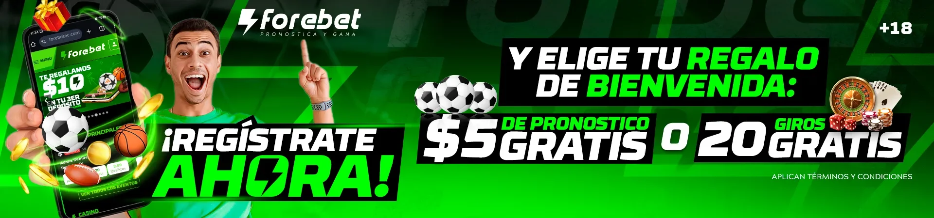 Regístrate ahora y elige tu regalo: $5 de pronóstico gratis o 20 giros gratis